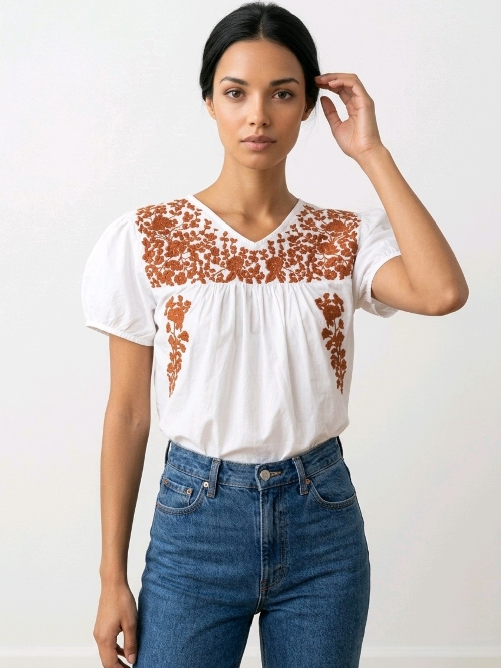 Burnt Orange Emordaried Cotton Blouse